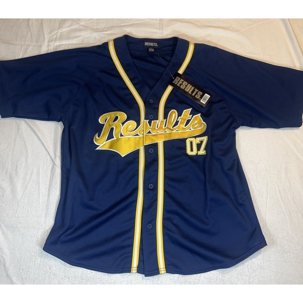 Results 07 Baseball Large Navy Blue Yellow Button Up Mesh Shirt NEW